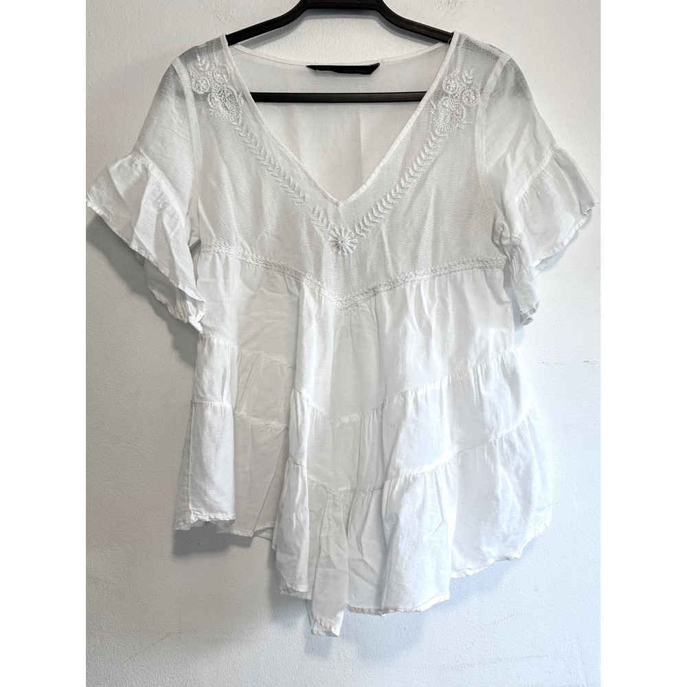 Zara White Cotton M Embroidered Babydoll Tiered Ruffles Boho Cottagecore Prairie